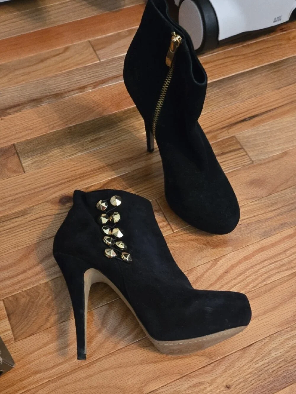 Vince Camuto Black Suede Ankle Booties with Gold Studs
